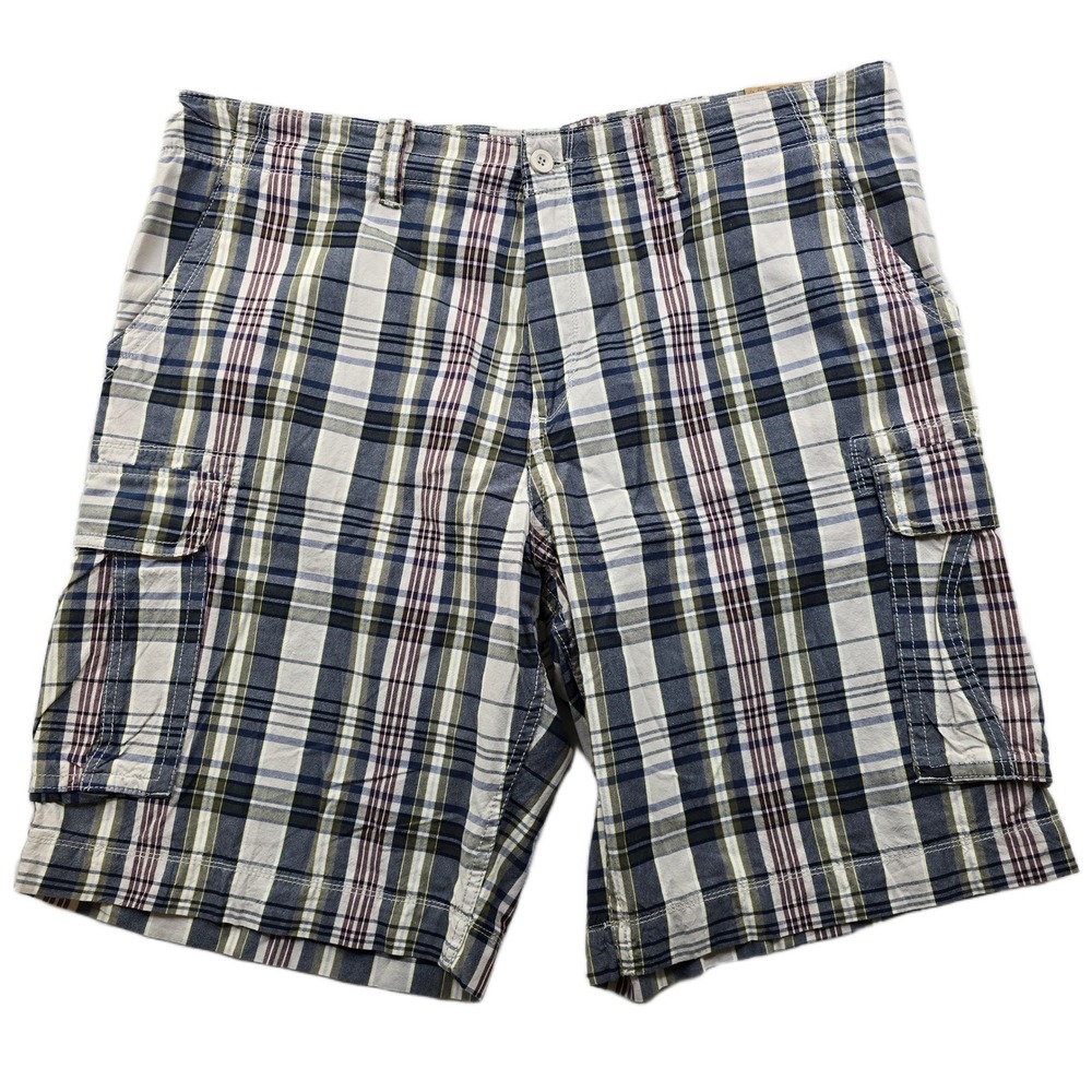 The Foundry Supply Cargo Shorts Mens 44 Blue Plaid Cotton 11 Inch Inseam NEW